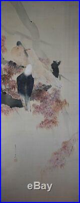 Superb original painting of three pigeons in a maple tree by Watanabe Seitei