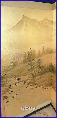 TG Japanese Chinese 4 Panel Folding Screen Byobu Painted 48 x 24 Antique Signed