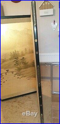 TG Japanese Chinese 4 Panel Folding Screen Byobu Painted 48 x 24 Antique Signed