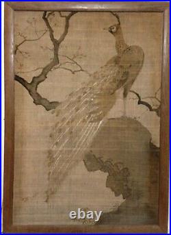 TRES RARE ANTIQUE ART PAINTING TISSU JAPANESE PEACOCK XVIIIe-XIXe PAON