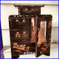 Tansu box Geisha lacquer Inlay etched music jewelry 9 hand paint Japan antique