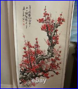 Traditional Scroll Japanese Art Painting Prunus Tree, 185cm tall