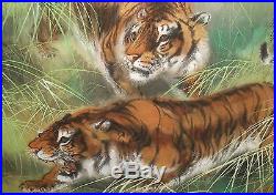Two Japanese Tigers Hunting In Grass Original Watercolor Silk Painting Signed