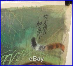 Two Japanese Tigers Hunting In Grass Original Watercolor Silk Painting Signed