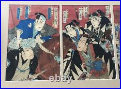 Utagawa Kunisada III triptych. Japanese Meij woodblock print, Kabuki actors 1884