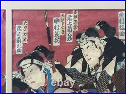 Utagawa Kunisada III triptych. Japanese Meij woodblock print, Kabuki actors 1884