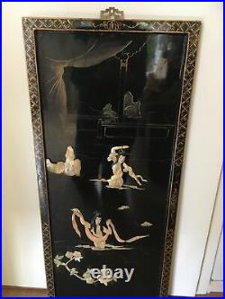 VINTAGE JAPANESE LACQUER + MOTHER OF PEARL PICTURE PANEL BATHING LADIES 92cm