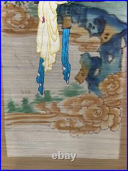 VTG Asian Embroidered Hand Painted Bamboo Hanging Scroll Art 58X20 Japan Geisha