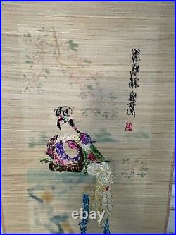 VTG Asian Embroidered Hand Painted Bamboo Hanging Scroll Art 58X20 Japan Geisha