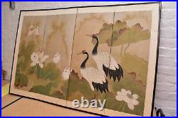 VTG Japanese Chinese 4 Panel Folding Screen Byobu Painted 54x35 antique SIGNED