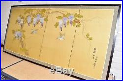 VTG Japanese Chinese 4 Panel Folding Screen Byobu Painted 69x34 antique SIGNED