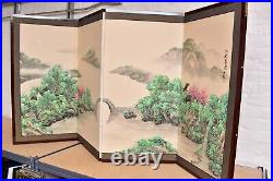 VTG Japanese Chinese 4 Panel Folding Screen Byobu Painted 72x36 antique SIGNED
