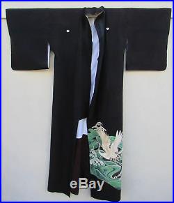 VTG Japanese Tomesode Kimono Formal Black Embroidered & Hand Painted Crane/Waves