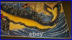 Very Fine Large Japanese Hand Painting Samurai and a Whale on Paper