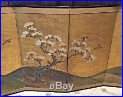 Vintage 1930's Asian Silk Screen 4 Panel Hand Painted Trees & Birds Landscape