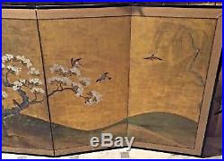 Vintage 1930's Asian Silk Screen 4 Panel Hand Painted Trees & Birds Landscape