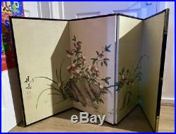 Vintage 1940s Japanese Hand Painted 4 Wooden Panels Silk Screen Room Divider