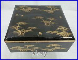Vintage Antique Meiji Japanese Lacquer Box Hand Painted Gold Flying Cranes