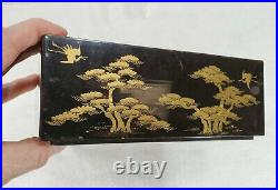 Vintage Antique Meiji Japanese Lacquer Box Hand Painted Gold Flying Cranes