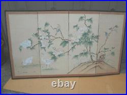 Vintage Chinese Japanese 4 Panel Folding Screen Painted 59x34.5 Antique