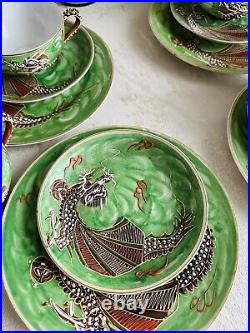 Vintage Green Hand Painted Japanese Geisha Lithopone Moriage Dragonware tea set