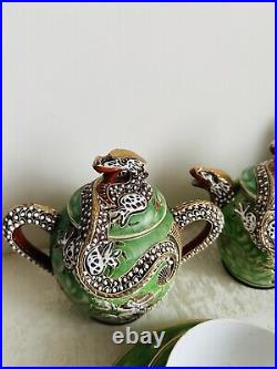 Vintage Green Hand Painted Japanese Geisha Lithopone Moriage Dragonware tea set