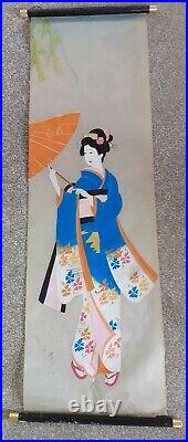 Vintage Hand Painted Rice Paper Scroll Of A Geisha 36
