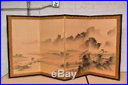 Vintage Japanese Chinese 4 Panel Folding Screen Byobu Painted 35x71 antique