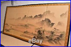 Vintage Japanese Chinese 4 Panel Folding Screen Byobu Painted 35x71 antique