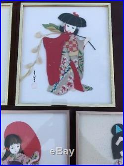 Vintage Japanese Cloth Picture Frame Geisha Red Kimono Man MidCentury Set of 5