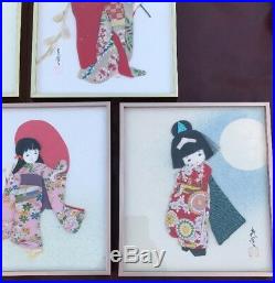 Vintage Japanese Cloth Picture Frame Geisha Red Kimono Man MidCentury Set of 5