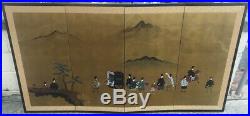 Vintage Japanese Four Panel Signed Screen Painting Gold Ground Procession