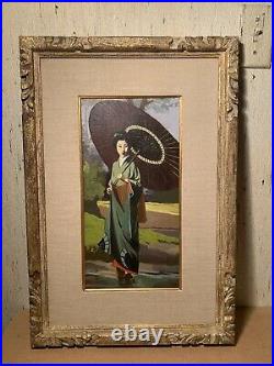 Vintage Japanese Geisha Girl With Parasol/ Oil Painting
