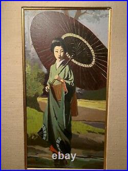 Vintage Japanese Geisha Girl With Parasol/ Oil Painting