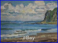 Vintage Japanese Impressionist Painting Coastal Seascape 1940's Antique Signed