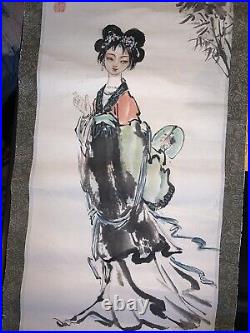 Vintage Japanese Oriental Geisha Painted Paper Art Scroll Signed Ink Watercolor