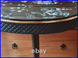 Vintage Japanese Painted Glass Top Demi Lune Table / Console / Side / Card
