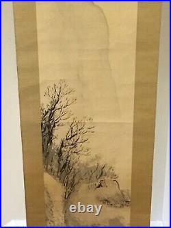 Vintage Japanese Painting Ink Painting Scroll Mountains and Fisherman Kakejiku