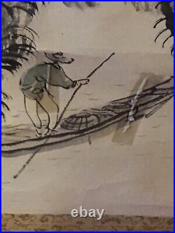 Vintage Japanese Painting Ink Painting Scroll Mountains and Fisherman Kakejiku