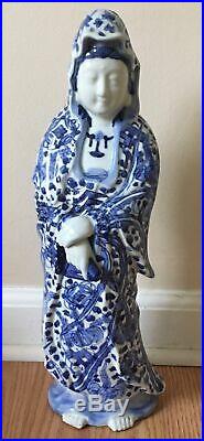 Vintage Japanese Porcelain Guanyin Kannon Sama Statue Hand Painted Blue Sometsuk