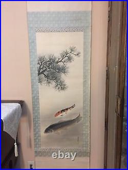 Vintage Japanese Two Koi Fishes Hanpainted on Silk Scroll, Signed by Artist