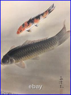 Vintage Japanese Two Koi Fishes Hanpainted on Silk Scroll, Signed by Artist