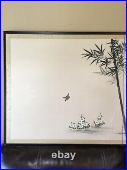 Vintage Mid Century Japanese Silk Screen 2 Panel Hand Painted Screen SIGNED