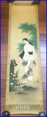 Vintage or Antique Signed Japanese Scroll Painting of a Beauty in Landscape
