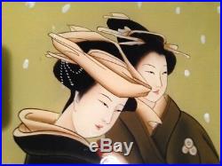 XL Hand Painted Toyohara Kunichika Japanese Geisha Glass and Wood Framed Picture