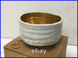 Y2841 CHAWAN Shino-ware gold-painted signed box Japan tea ceremony bowl antique