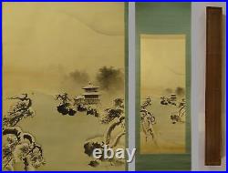 YR10 Temple Snow Landscape Hanging Scroll Japanese Art painting antique Picture