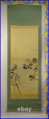 YR10 Temple Snow Landscape Hanging Scroll Japanese Art painting antique Picture