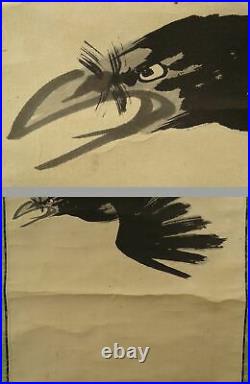 YR16 Crow Bird Animal sun Hanging Scroll Japanese Art painting antique Picture