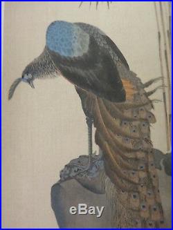 Yamaguchi Soken Japanese Woodblock Peacock withhand painted gilt. 15 x 6